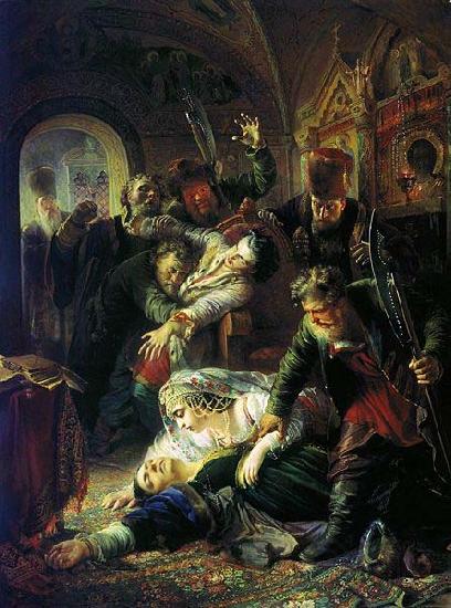 Konstantin Makovsky Agents of the False Dmitry kill the son of Boris Godunov Norge oil painting art